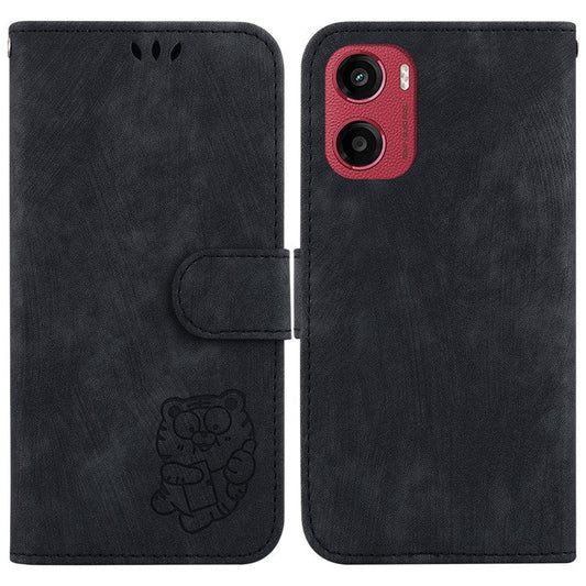 For Motorola Moto G05 4G  /  E15 4G Wallet Case Tiger Imprint Leather Shockproof Phone Cover - Black