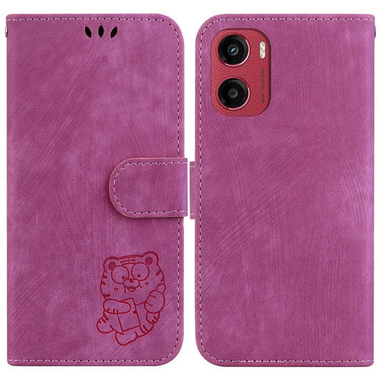 For Motorola Moto G05 4G  /  E15 4G Wallet Case Tiger Imprint Leather Shockproof Phone Cover - Rose