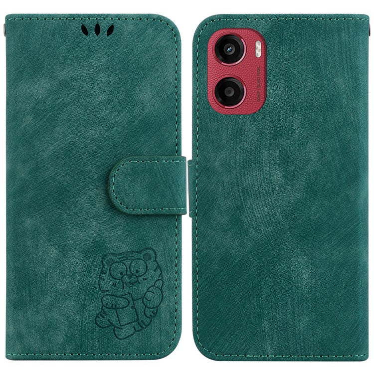For Motorola Moto G05 4G  /  E15 4G Wallet Case Tiger Imprint Leather Shockproof Phone Cover - Green