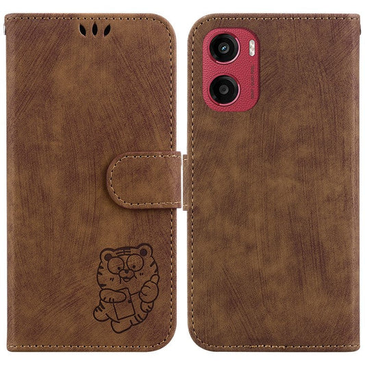 For Motorola Moto G05 4G  /  E15 4G Wallet Case Tiger Imprint Leather Shockproof Phone Cover - Brown