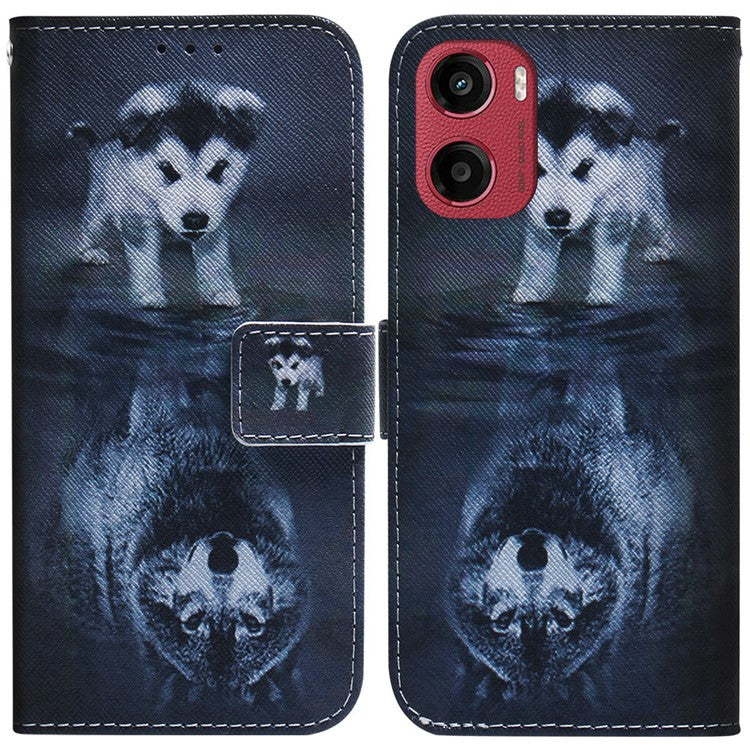 For Motorola Moto G05 4G / E15 4G Wallet Case Pattern Print Leather Phone Cover - Dog and Wolf