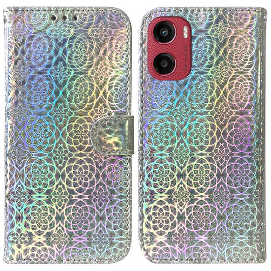 For Motorola Moto G05 4G  /  E15 4G Stand Case Dazzling Flower Leather Phone Cover - Grey