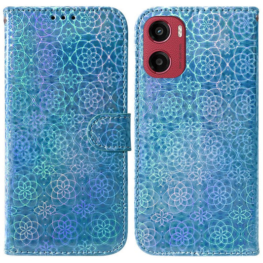 For Motorola Moto G05 4G  /  E15 4G Stand Case Dazzling Flower Leather Phone Cover - Blue