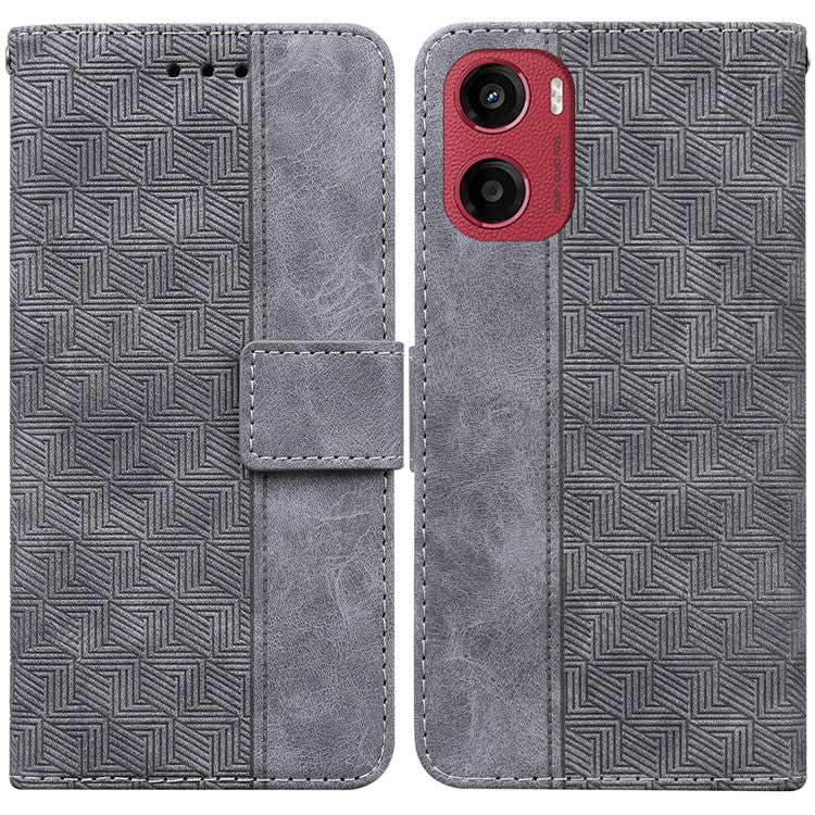 For Motorola Moto G05 4G  /  E15 4G Case Geometry Pattern Leather Wallet Phone Cover - Grey