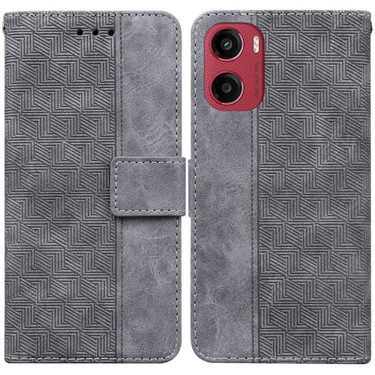 For Motorola Moto G05 4G  /  E15 4G Case Geometry Pattern Leather Wallet Phone Cover - Grey