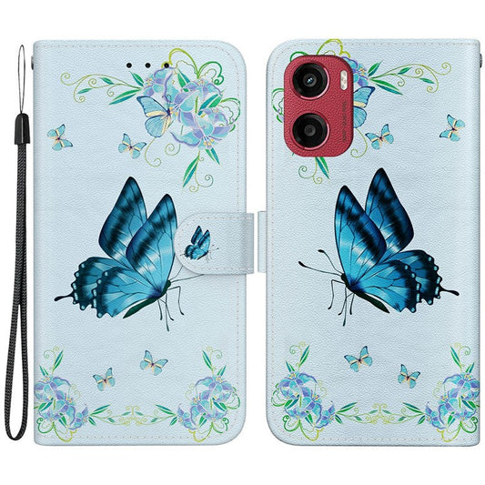 For Motorola Moto G05 4G / E15 4G Wallet Phone Case Anti-Drop Leather Flip Cover Pattern Printing - Blue Butterfly Flower
