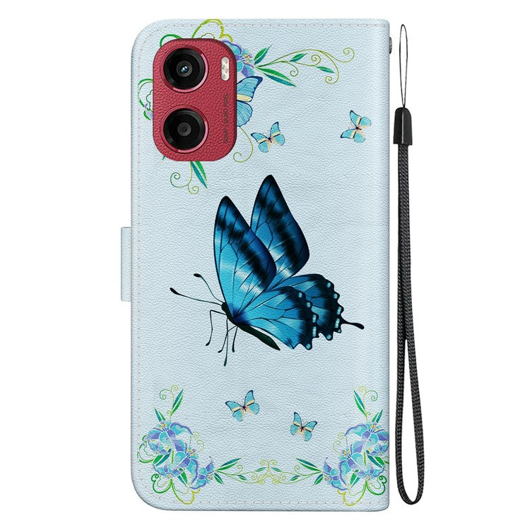 For Motorola Moto G05 4G / E15 4G Wallet Phone Case Anti-Drop Leather Flip Cover Pattern Printing - Blue Butterfly Flower