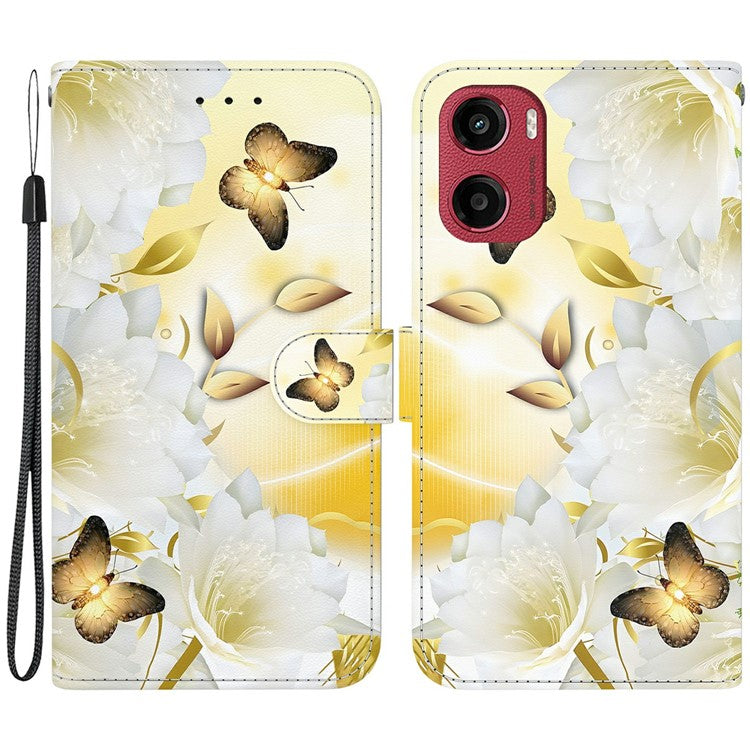 For Motorola Moto G05 4G / E15 4G Wallet Phone Case Anti-Drop Leather Flip Cover Pattern Printing - Gold Butterfly Flower
