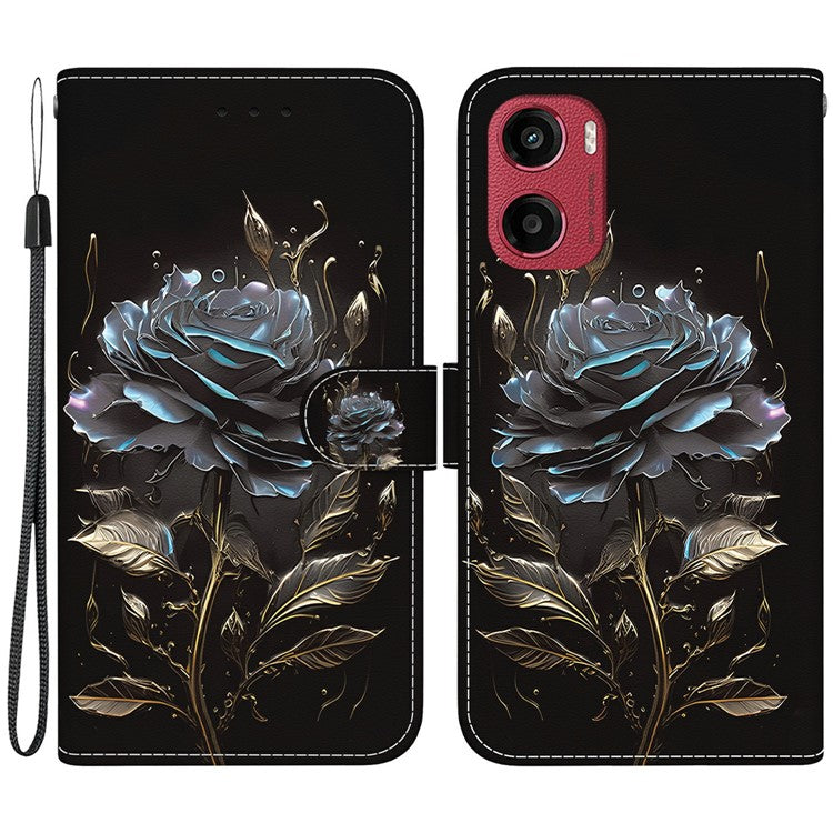 For Motorola Moto G05 4G / E15 4G Wallet Phone Case Anti-Drop Leather Flip Cover Pattern Printing - Black Rose