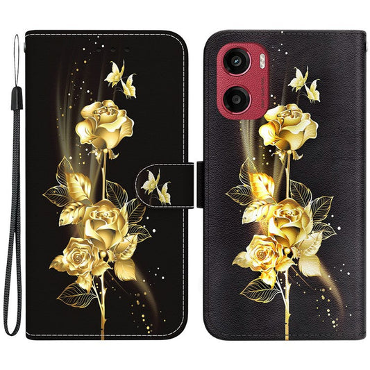 For Motorola Moto G05 4G / E15 4G Wallet Phone Case Anti-Drop Leather Flip Cover Pattern Printing - Gold Butterfly Rose