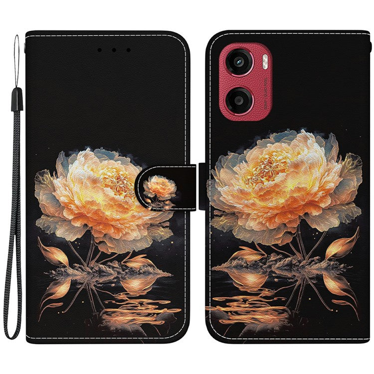 For Motorola Moto G05 4G / E15 4G Wallet Phone Case Anti-Drop Leather Flip Cover Pattern Printing - Gold Peony