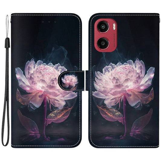 For Motorola Moto G05 4G / E15 4G Wallet Phone Case Anti-Drop Leather Flip Cover Pattern Printing - Purple Peony