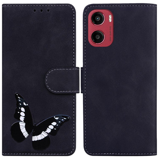 For Motorola Moto G05 4G  /  E15 4G Stand Case PU Leather Phone Cover Butterfly Printed - Black