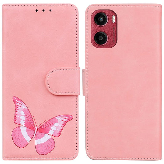 For Motorola Moto G05 4G  /  E15 4G Stand Case PU Leather Phone Cover Butterfly Printed - Pink