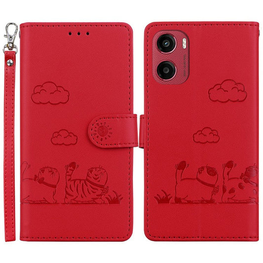For Motorola Moto G05 4G / E15 4G Case RFID Blocking Kitten Pattern TPU+PU Leather Phone Cover - Red