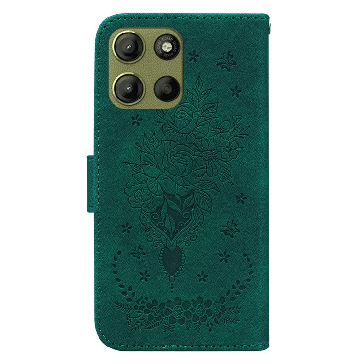 For Motorola Moto G15 4G Case PU Leather Wallet Phone Cover Butterfly Flower Imprint - Green