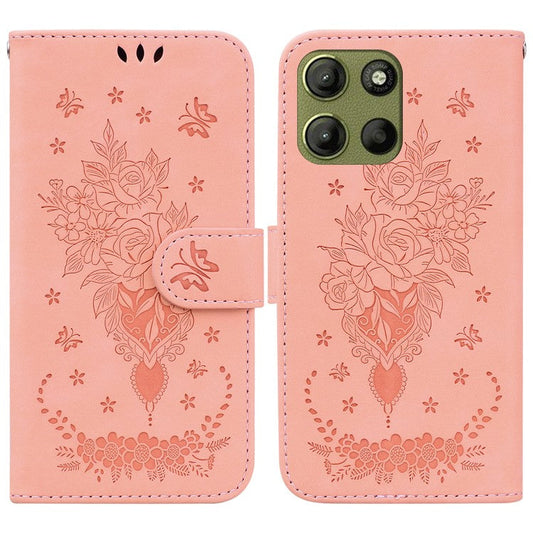 For Motorola Moto G15 4G Case PU Leather Wallet Phone Cover Butterfly Flower Imprint - Pink