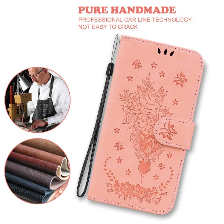 For Motorola Moto G15 4G Case PU Leather Wallet Phone Cover Butterfly Flower Imprint - Pink