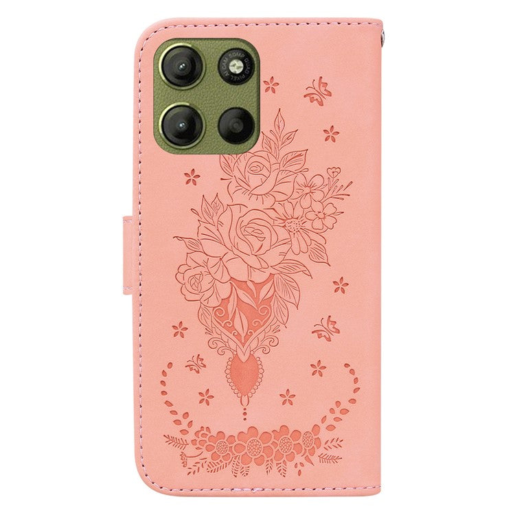 For Motorola Moto G15 4G Case PU Leather Wallet Phone Cover Butterfly Flower Imprint - Pink