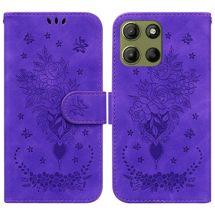 For Motorola Moto G15 4G Case PU Leather Wallet Phone Cover Butterfly Flower Imprint - Purple