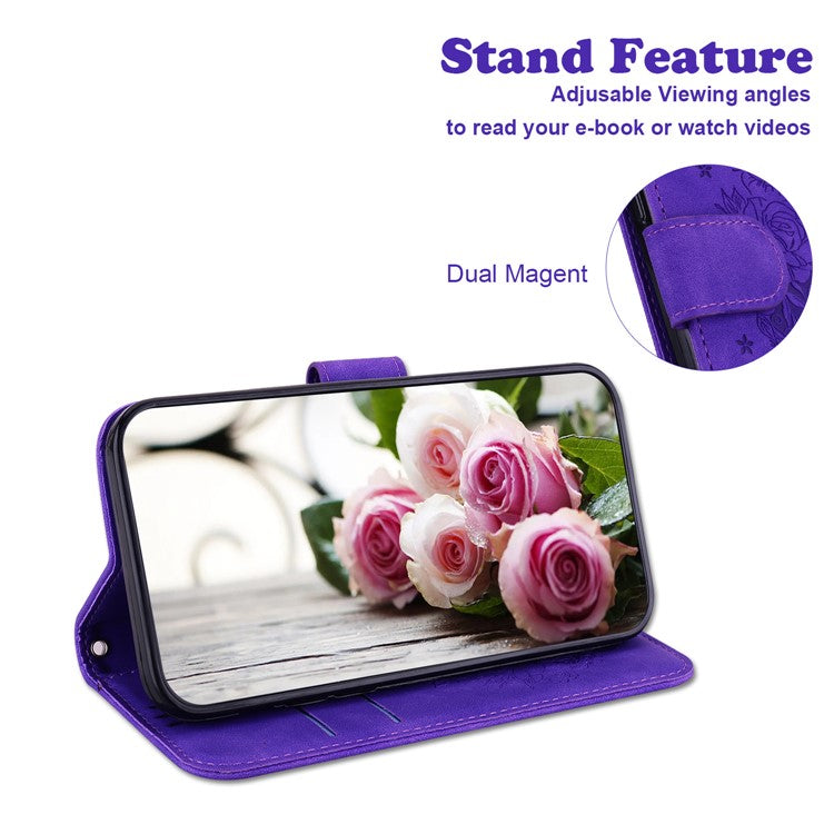 For Motorola Moto G15 4G Case PU Leather Wallet Phone Cover Butterfly Flower Imprint - Purple