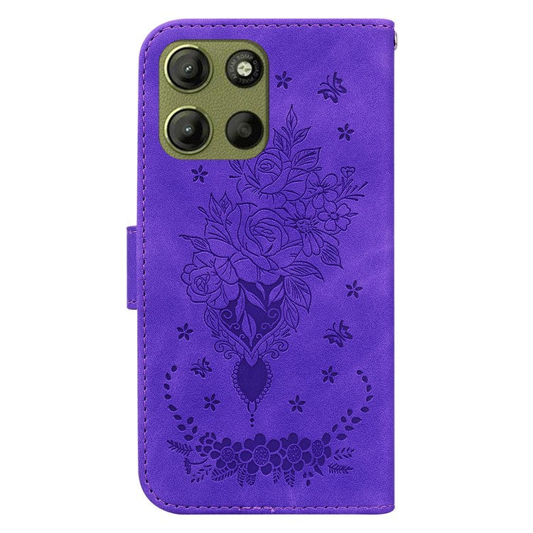 For Motorola Moto G15 4G Case PU Leather Wallet Phone Cover Butterfly Flower Imprint - Purple