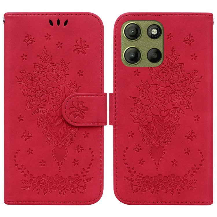 For Motorola Moto G15 4G Case PU Leather Wallet Phone Cover Butterfly Flower Imprint - Red
