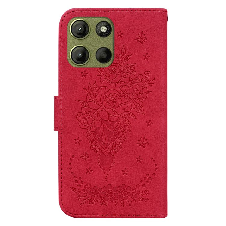 For Motorola Moto G15 4G Case PU Leather Wallet Phone Cover Butterfly Flower Imprint - Red