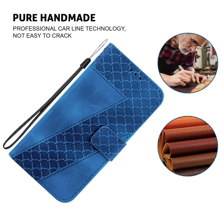 For Motorola Moto G15 4G Stand Case 7-Shaped Pattern Imprint Leather Phone Cover - Dark Blue