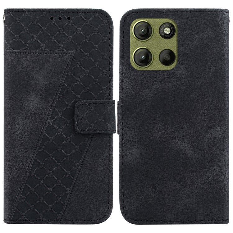 For Motorola Moto G15 4G Stand Case 7-Shaped Pattern Imprint Leather Phone Cover - Black