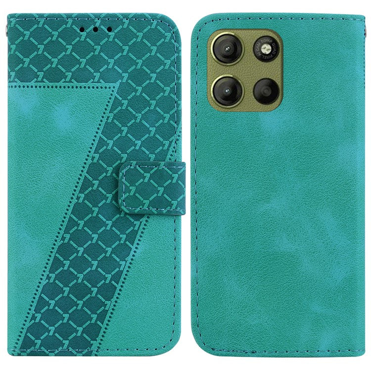 For Motorola Moto G15 4G Stand Case 7-Shaped Pattern Imprint Leather Phone Cover - Green