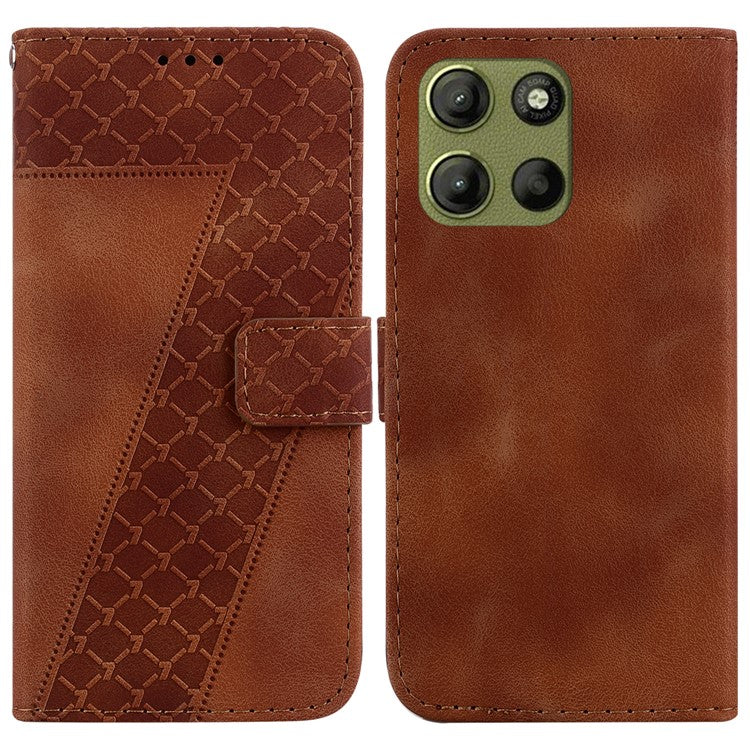 For Motorola Moto G15 4G Stand Case 7-Shaped Pattern Imprint Leather Phone Cover - Brown