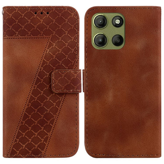 For Motorola Moto G15 4G Stand Case 7-Shaped Pattern Imprint Leather Phone Cover - Brown