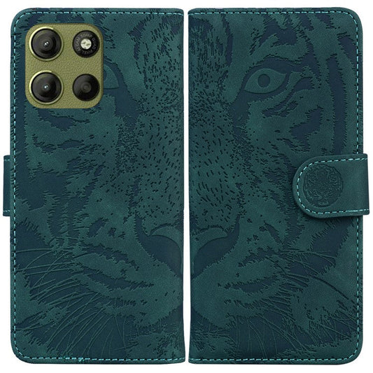 For Motorola Moto G15 4G Case Tiger Imprint Leather Wallet Phone Cover - Green