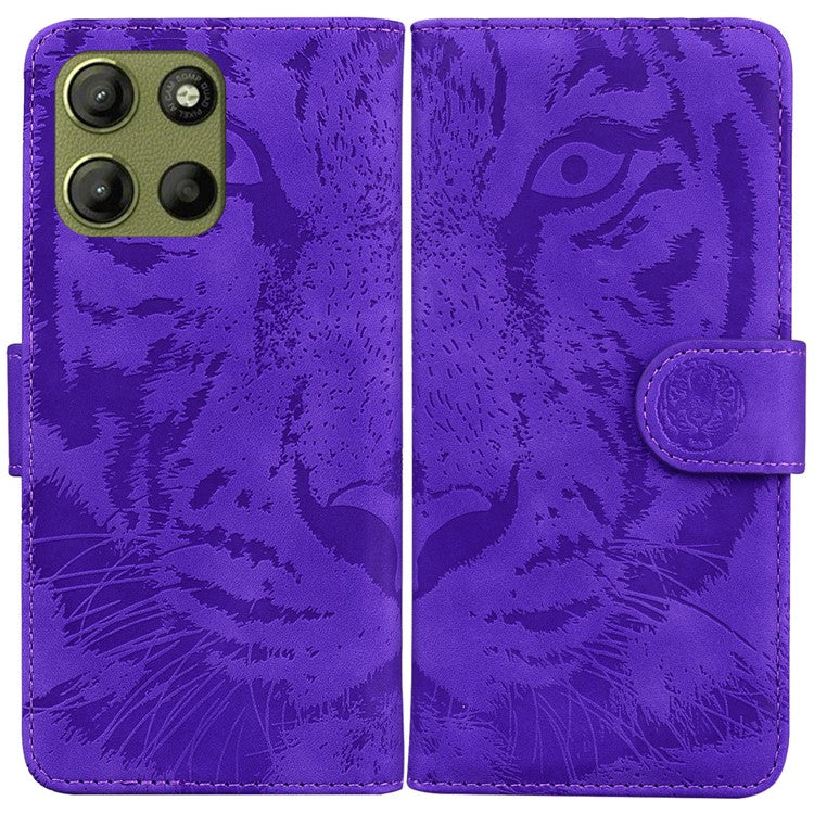 For Motorola Moto G15 4G Case Tiger Imprint Leather Wallet Phone Cover - Purple