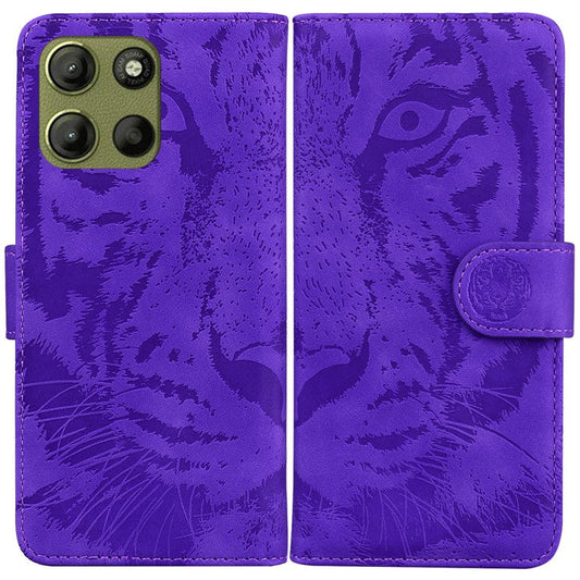 For Motorola Moto G15 4G Case Tiger Imprint Leather Wallet Phone Cover - Purple