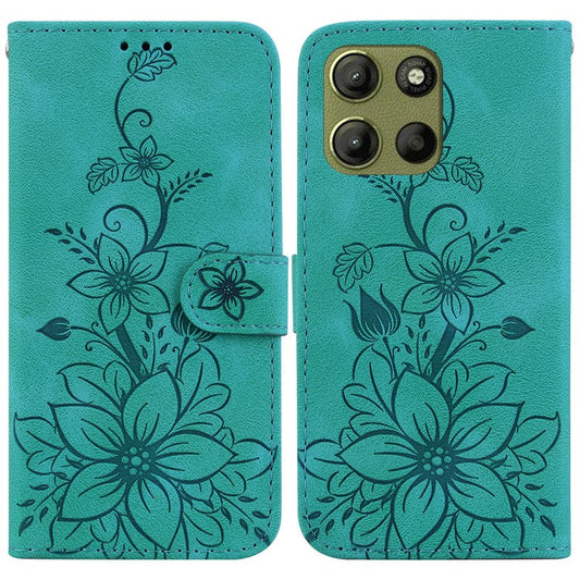 For Motorola Moto G15 4G Case Lily Flower Imprint Leather Phone Cover with Stand - Green