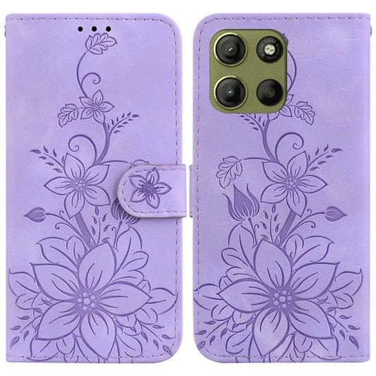 For Motorola Moto G15 4G Case Lily Flower Imprint Leather Phone Cover with Stand - Purple