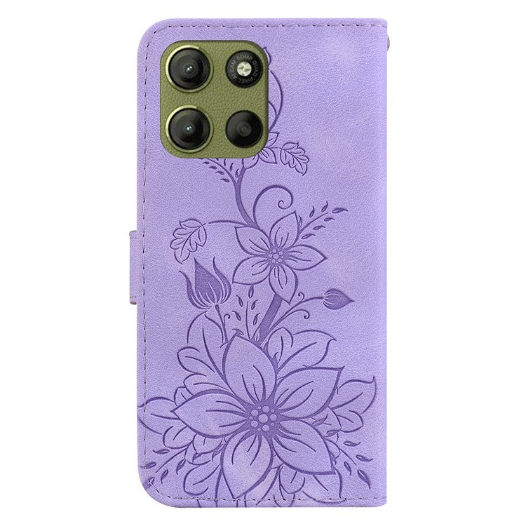 For Motorola Moto G15 4G Case Lily Flower Imprint Leather Phone Cover with Stand - Purple