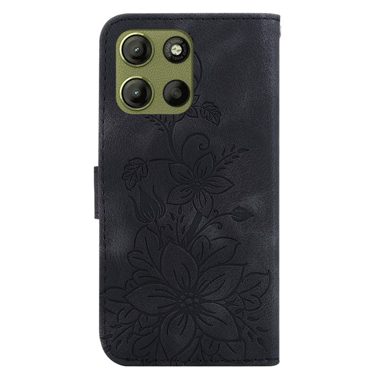 For Motorola Moto G15 4G Case Lily Flower Imprint Leather Phone Cover with Stand - Black