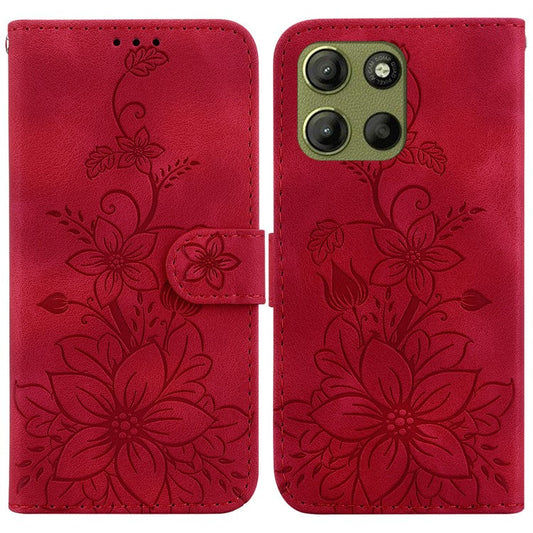 For Motorola Moto G15 4G Case Lily Flower Imprint Leather Phone Cover with Stand - Red