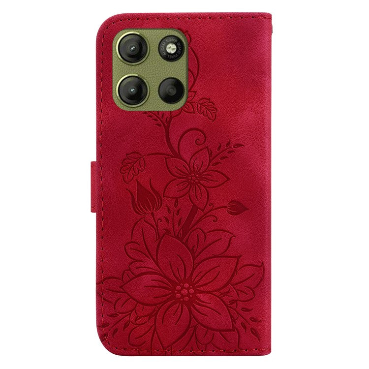 For Motorola Moto G15 4G Case Lily Flower Imprint Leather Phone Cover with Stand - Red