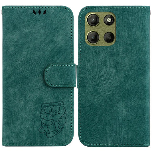 For Motorola Moto G15 4G Wallet Case Tiger Imprint Leather Shockproof Phone Cover - Green