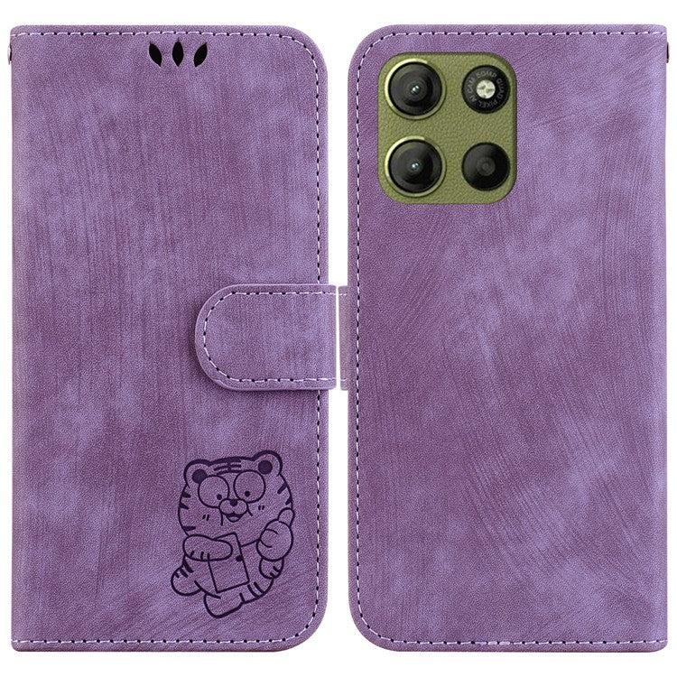 For Motorola Moto G15 4G Wallet Case Tiger Imprint Leather Shockproof Phone Cover - Purple