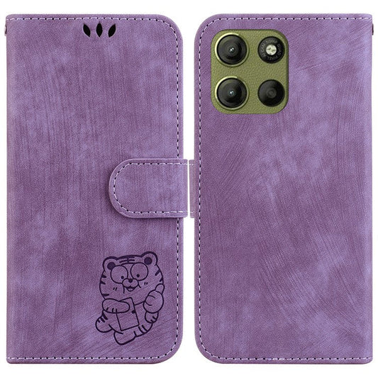 For Motorola Moto G15 4G Wallet Case Tiger Imprint Leather Shockproof Phone Cover - Purple