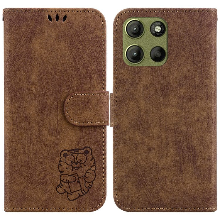 For Motorola Moto G15 4G Wallet Case Tiger Imprint Leather Shockproof Phone Cover - Brown