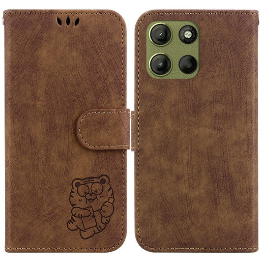 For Motorola Moto G15 4G Wallet Case Tiger Imprint Leather Shockproof Phone Cover - Brown