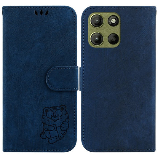For Motorola Moto G15 4G Wallet Case Tiger Imprint Leather Shockproof Phone Cover - Dark Blue