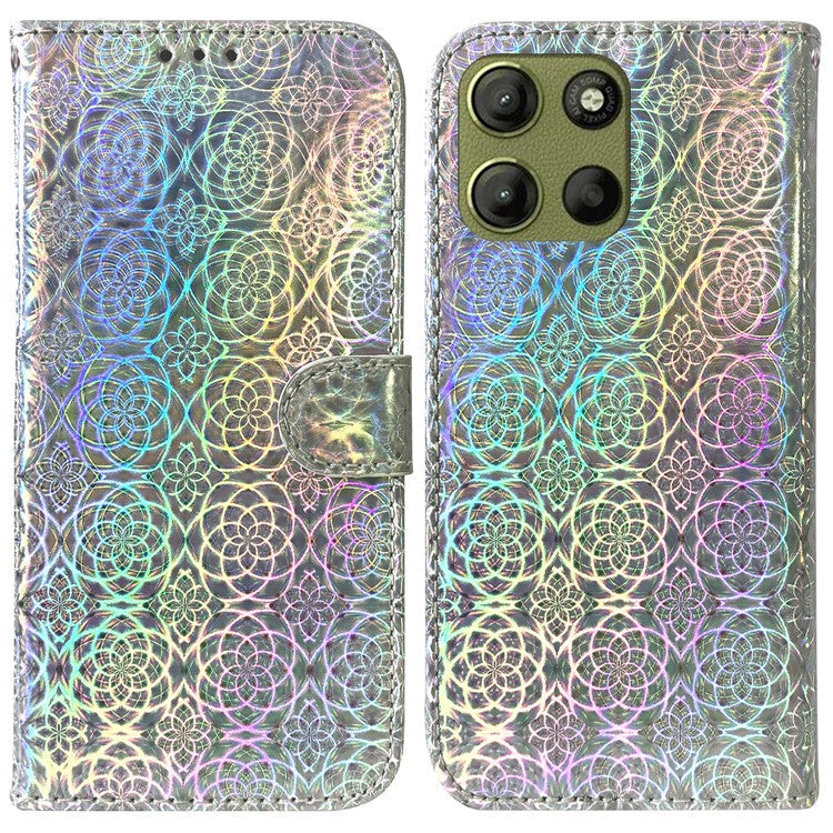 For Motorola Moto G15 4G Stand Case Dazzling Flower Leather Phone Cover - Grey