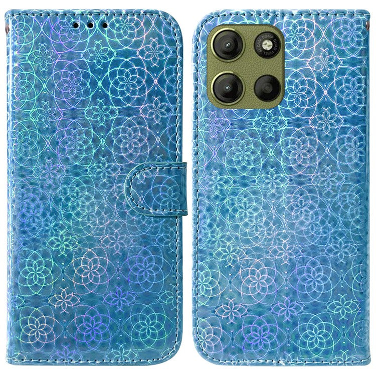 For Motorola Moto G15 4G Stand Case Dazzling Flower Leather Phone Cover - Blue